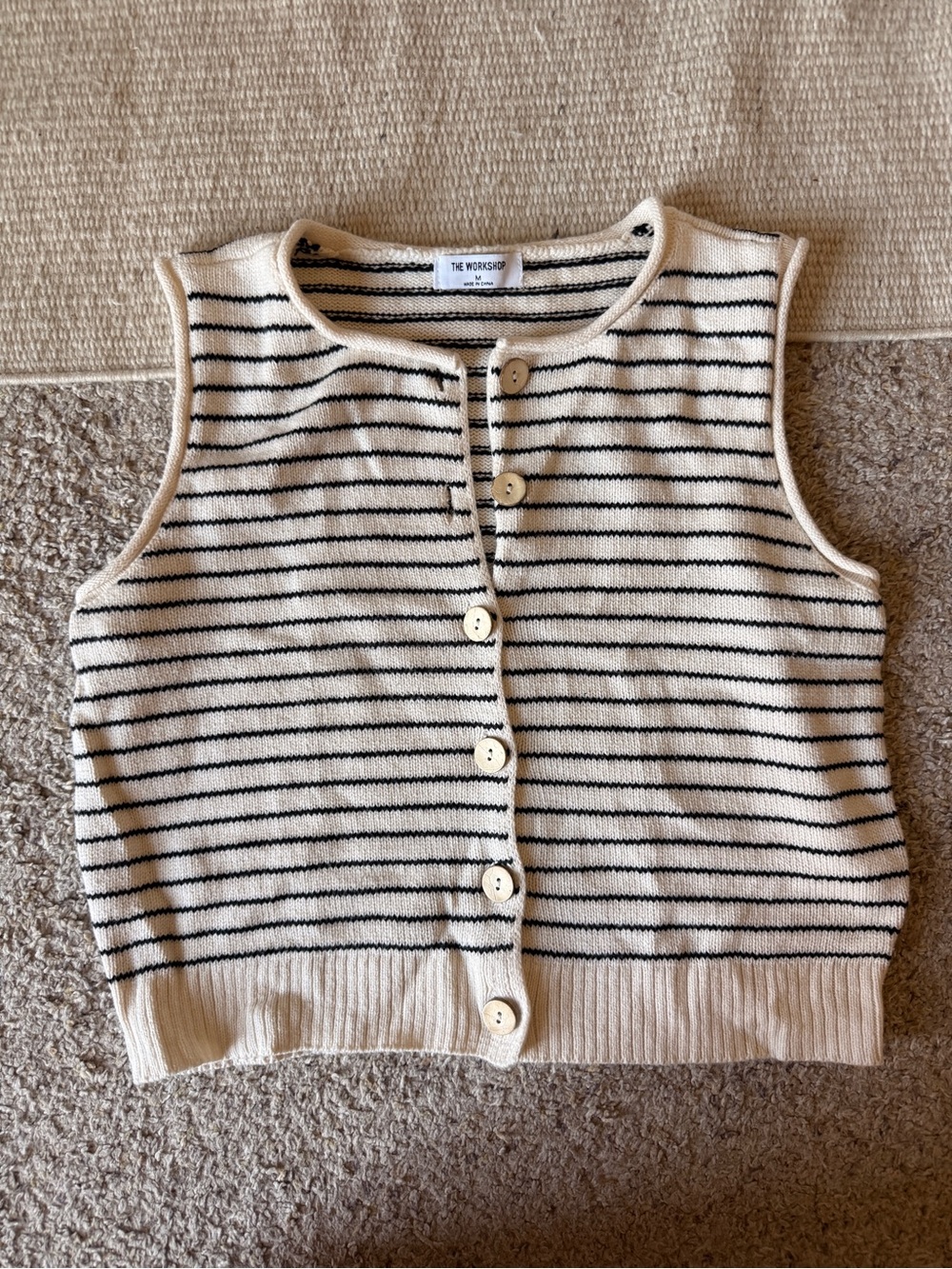 Workshop Republic Clothing Cream and Black Striped Knit Button Front Vest